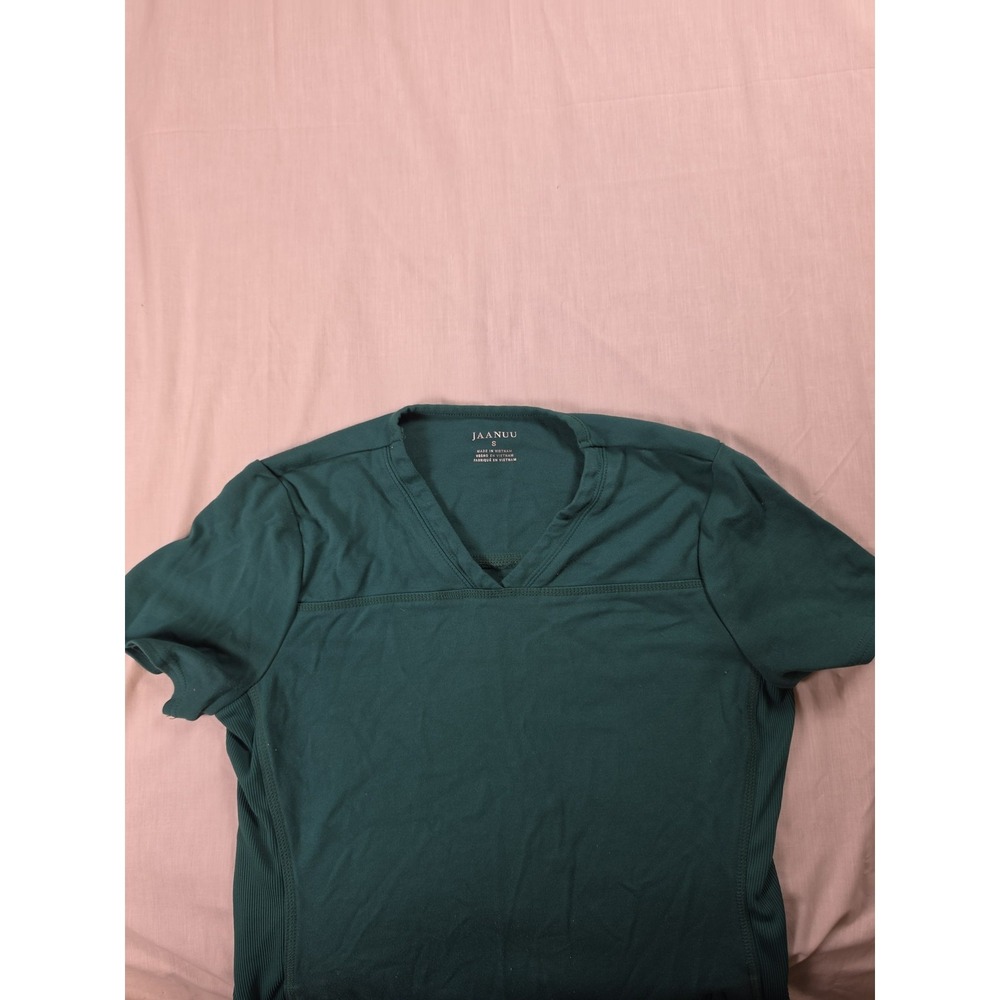 Jaanuu Top Women Small Green V Neck Scrub Tunic Zip Pockets Nurse Stretch J96156